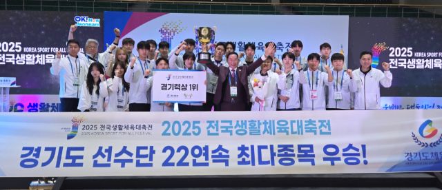 27일 폐막된 2025 전국생활체육대축전에서 22회 연속 최다종목 우승과 경기력상 1위를 차지한 경기도 선수단이 이원성 경기도체육회장(가운데)과 함께 트로피를 높이 치켜들고 기념촬영을 하고 있다.경기도체육회 제공