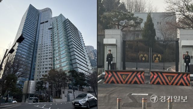 헌법재판소의 윤석열 대통령 탄핵심판 선고일인 4일 선고 결과에 따라 달라질 윤 대통령의 거처에도 관심이 집중되고 있다. 헌재가 윤 대통령 탄핵을 인용할 경우 즉시 자연인 신분으로 돌아가, 관저에서 퇴거해 사저에 머물며 내란 혐의 형사재판을 받게 된다. 반면 기각·각하 결정이 내려질 경우 윤 대통령은 용산 대통령실로 출근해 대국민담화를 발표할 것으로 전망된다. 사진은 이날 오전 서초동 아크로비스타(사저)와 대통령실 입구.조주현기자