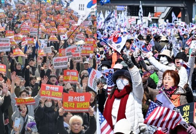 지난 4일 윤석열 대통령에 대한 탄핵소추안이 인용된 후 탄핵 찬반 집회가 이어지고 있다. 윤원규기자