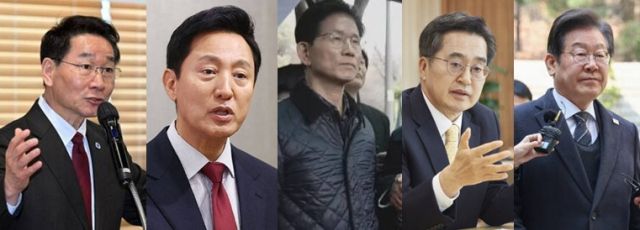 윤석열 전 대통령의 파면으로 이뤄진 본격적인 조기 대선 레이스에 전·현직 수도권 광역단체장들의 출마 러시가 이어질 전망이다. 왼쪽부터 유정복 현 인천시장, 오세훈 현 서울시장, 김문수 전 경기도지사, 김동연 현 경기도지사, 이재명 전 경기도지사. 경기일보 DB
