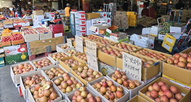 7일 인천 부평구 삼산농산물시장 한 과일가게에서 사과를 판매하고 있다. 이정엽기자