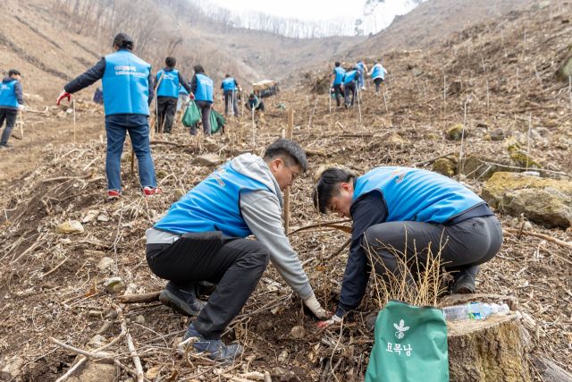 쿠팡풀필먼트서비스 임직원들이 지난달 27일 경기 연천군 신서면 내산리 산에서 나무를 심고 있다. 쿠팡 제공