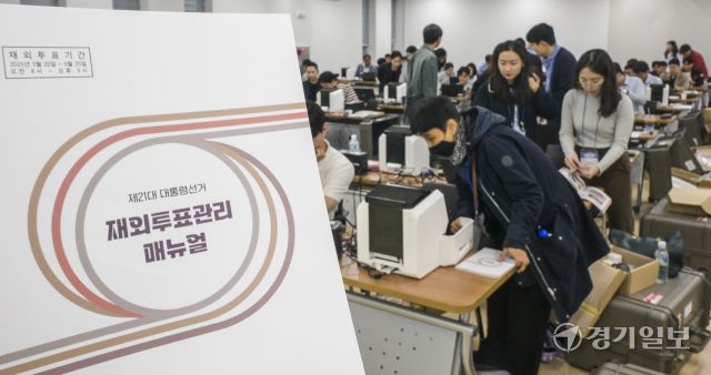 1일 오전 수원특례시 권선구 중앙선거관리위원회 선거연수원에서 열린 '제21대 대통령선거 공관 재외선거 담당자 투표관리 교육'에서 참석자들이 재외투표용지 발급기 운영 실습을 하고 있다. 이번 재외투표는 오는 5월 20일부터 25일까지 진행될 예정이다. 윤원규기자