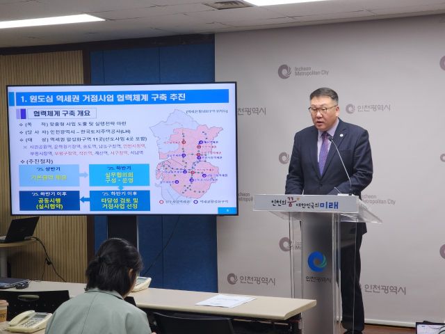 1일 인천시청 브리핑룸에서 열린 도시균형국 기자간담회에서 이종신 도시균형국장이 원도심 역세권 활성화 사업을 발표하고 있다. 인천시 제공