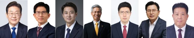 제21대 대통령 선거에 총 7명의 후보가 등록했다. 왼쪽부터 기호 1번 더불어민주당 이재명 후보, 기호 2번 국민의힘 김문수 후보, 기호 4번 개혁신당 이준석 후보, 기호 5번 민주노동당 권영국 후보, 기호 6번 자유통일당 구주와 후보, 기호 7번 무소속 황교안 후보, 기호 8번 무소속 송진호 후보. 선관위 제공