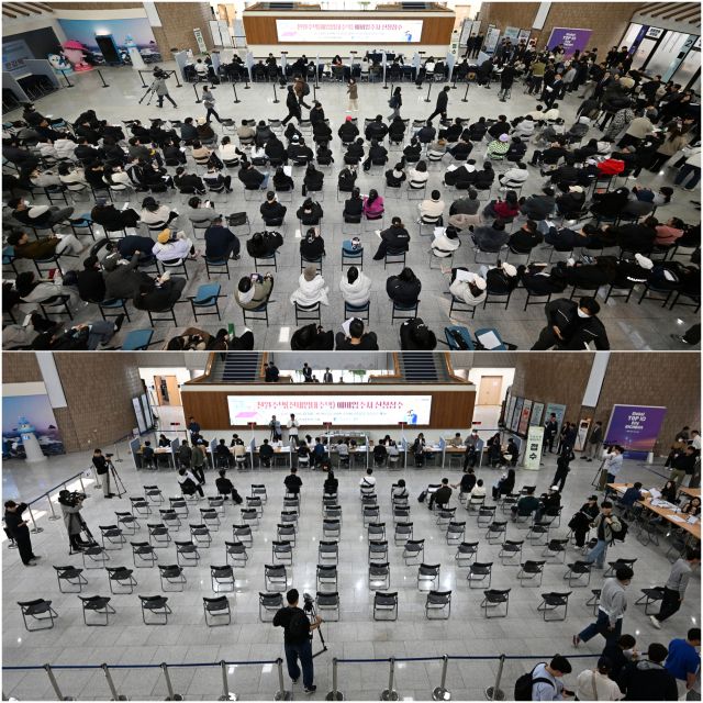 지난 3월6일 인천시청 중앙홀에서 천원주택(매입임대) 예비입주자 첫날 접수대기 모습(위)과 12일 같은 장소에서 열린 천원주택(전세임대) 접수 첫날 현장(아래). 조병석기자