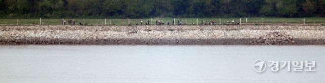 18일 인천 강화군 강화평화전망대에서 바라본 북한 황해도 개풍군에서 북한 주민들이 철책 인근에서 작업하고 있다. 조병석기자