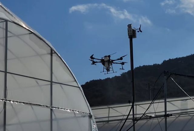 광주시 농업기술센터가 광주·오포지역 시설채소 재배 농업인들을 대상으로 드론을 활용한 차광도포제 살포 현장실증을 실시하고 있다. 광주시 제공