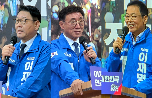 제9회 전국동시지방선거에서 나설 인천시장 후보군으로 꼽히는 더불어민주당의 주요 정치인들이 대통령선거를 앞두고 유세 활동을 활발하게 벌이고 있다. ((사진은 왼쪽부터) 김교흥 국회의원(서구갑), 고남석 인천시당위원장, 박남춘 전 인천시장). 박귀빈기자