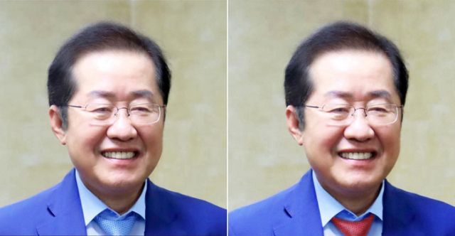 홍준표 전 대구시장이 지난 19일 페이스북 프로필 사진을 파란 넥타이를 착용한 사진(왼쪽)으로 게시했다가 4시간 뒤 빨간 넥타이 사진으로 바꿨다. 홍 전 시장 페이스북