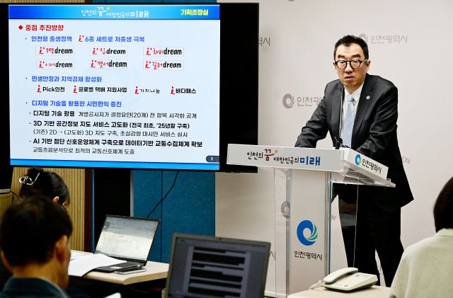 8일 신승열 인천시 기획조정실장이 인천시청 브리핑룸에서 인천형 출산 정책과 민생안정 및 지역경제 활성화 방안 등에 대해 설명하고 있다. 인천시 제공