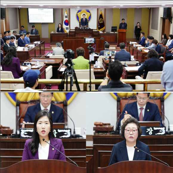 제186회 제1차 정례회에서 손세화 워원과 조진숙 의원이 5분 발언을 하고 있다. 포천시의회 제공
