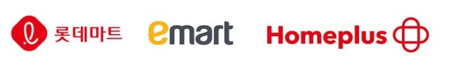 롯데마트 CI, 이마트 CI, 홈플러스 CI. 각사 홈페이지