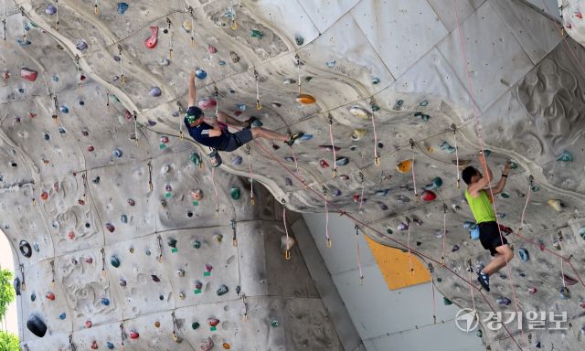 무더운 날씨를 보인 15일 인천 문학경기장 내 인공암벽장을 찾은 동호인이 스포츠클라이밍을 즐기고 있다.조병석기자