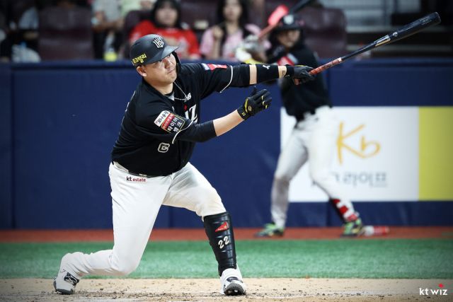 15일 삼성과 원정경기서 홈런 포함, 장타 3방으로 4타점 활약을 펼친 KT 위즈의 ‘캡틴’ 장성우.KT 위즈 제공