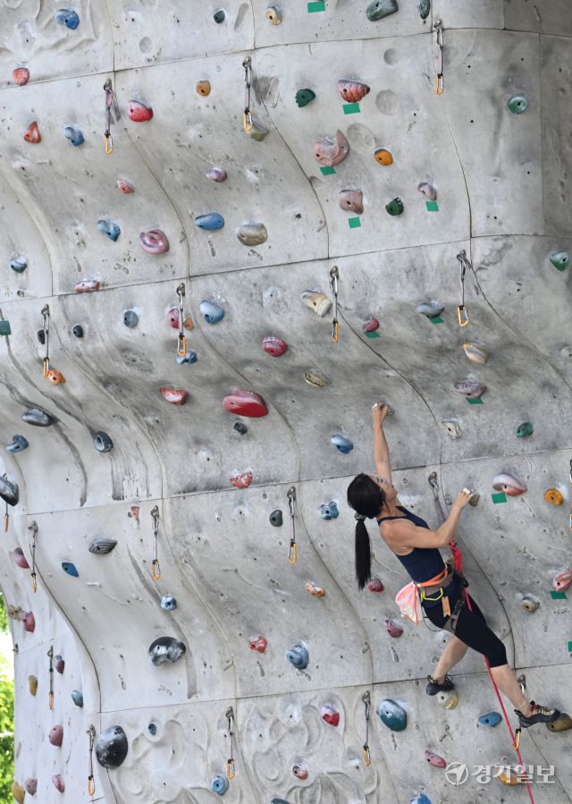 무더운 날씨를 보인 15일 인천 문학경기장 내 인공암벽장을 찾은 동호인이 스포츠클라이밍을 즐기고 있다.조병석기자