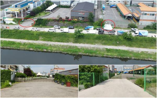지난 5월26일 오전 씨제이(CJ)대한통운㈜과 ㈜코베아가 진출입로로 사용하고 있는 인천 계양구 서운동 굴포천 인근 하천구역. 경기일보DB