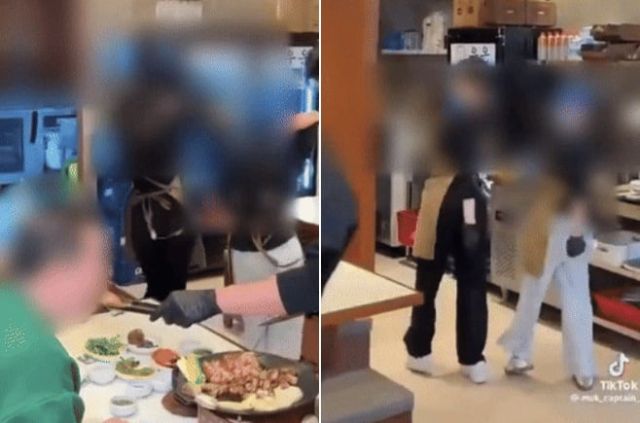 국내 한 곱창집 종업원들이 손님 앞에서 일명 ‘터미널 댄스’를 추는 모습. DC인사이드 캡처