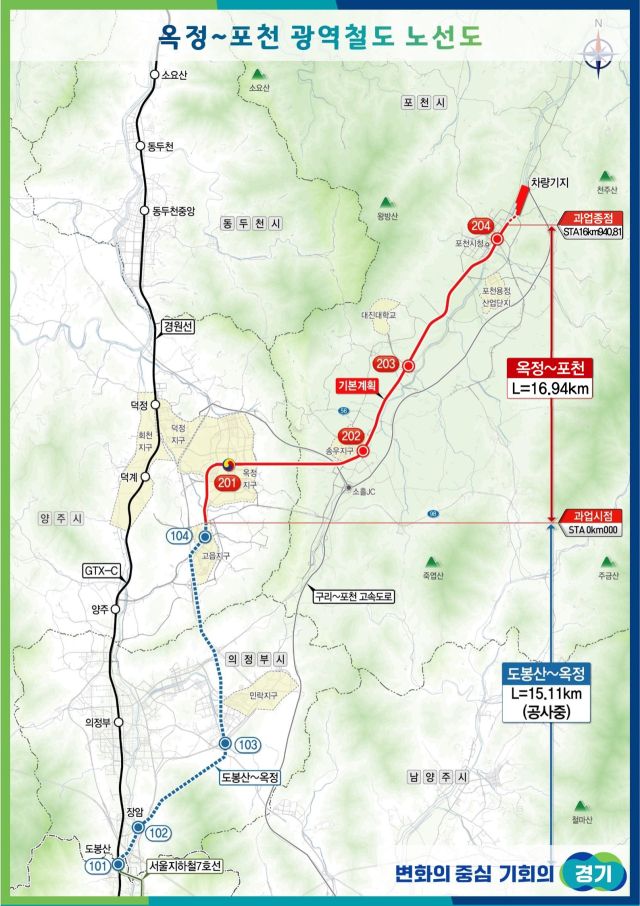 옥정~포천 광역철도 노선도. 경기도 제공