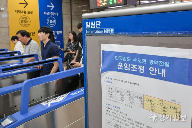 수도권 지하철 기본요금이 1400원에서 1550원으로 150원 인상된 28일 오후 수원역 개찰구에 관련 안내문이 붙어있다. 지난 2023년 10월 150원이 인상된 데 이어 1년 8개월 만의 인상이다. 국토교통부는 이번 요금 인상에 대해 “지속적인 물가 상승과 인건비 증가, 운송 적자를 해소하기 위한 불가피한 조치”라는 입장을 밝힌 바 있다. 윤원규기자