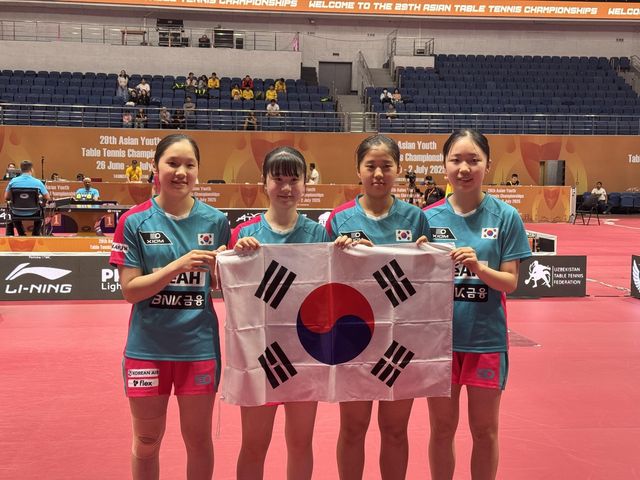 제29회 아시아청소년탁구선수권대회 여자 카뎃부서 우승한 한국 여자 대표팀 선수들.연합뉴스
