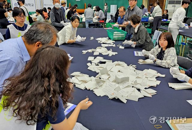 3일 오후 용인시 처인구 명지대 체육관 개표소에서 개함 시 투표용지가 여러 장 겹쳐 발견되는 상황에 관해 한 개표 참관인이 선관위 관계자에게 질의하고 있다. 송상호기자