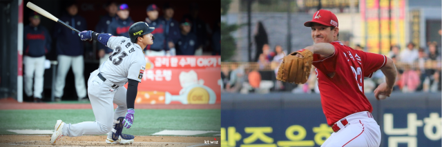 KBO리그 5월의 선수로 선정된 KT 위즈의 안현민(왼쪽)과 SSG 랜더스의 앤더슨. KT·SSG 제공