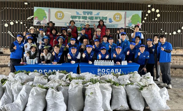 동아오츠카가 안양시와 함께 안양천 생태계 교란 식물 제거 활동을 진행했다.동아오츠카 제공