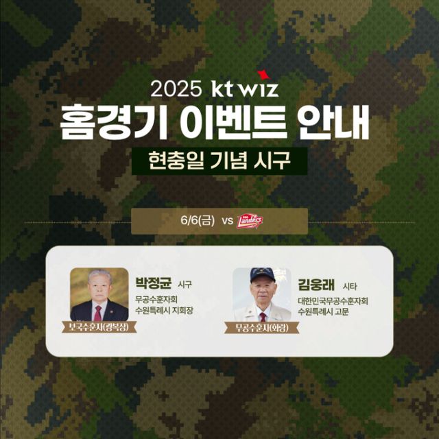 프로야구 KT 위즈는 6월 수원 KT위즈파크서 열리는 홈경기에서 현충일을 맞아 기념행사를 진행한다. KT 위즈 제공