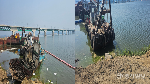 지난달 27일 평택 현덕면 기산리 일원에서 선박해체 중 내수면으로 기름이 유출된 인력수송선(완쪽)이 불법으로 적발됐으나, 5일 한강유역환경청의 제제 없이 작업을 마치고 자취를 감춘 뒤 다른 배가 정박중이다, 윤동현기자