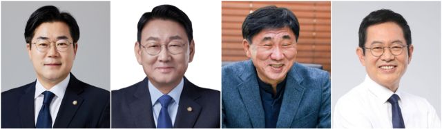제21대 대통령 선거에서 더불어민주당 이재명 대통령을 만든 인천 정계 ‘공신(功臣)’들이 앞으로 인천 발전을 위한 중앙·지방의 정치적 가교 역할을 할 것이란 기대감이 크다. 사진은 왼쪽부터 박찬대 대표 직무대행 및 원내대표(인천 연수구갑), 김교흥 국회의원(3선, 인천 서구갑), 고남석 인천시당위원장, 박남춘 전 인천시장. 경기일보 DB