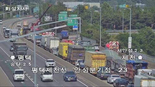 안성 평택제천고속도로 안성분기점 부근 화물차와 승용차 추돌사고 현장. 국토교통부 CCTV 영상 갈무리