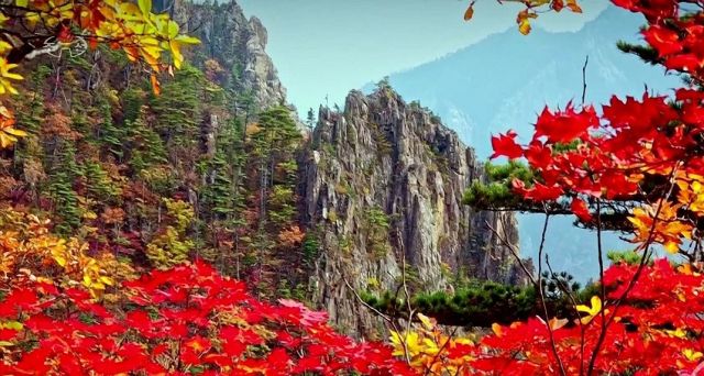 북한 조선중앙TV가 2023년 10월 24일 방영한 드론을 이용해 촬영한 붉게 물든 금강산의 가을풍경. 연합뉴스