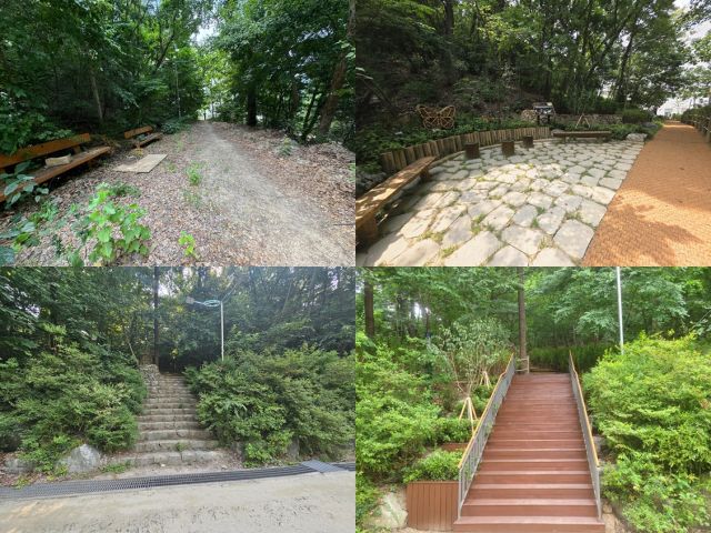 골안공원 생태학습장 및 수리산숲길 진입데크 시공 전후 모습. 안양시 제공.