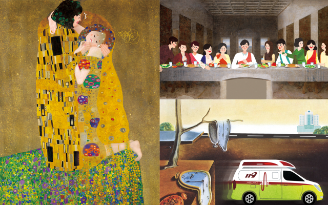 구스타프 클림트, 레오나르도 다빈치, 살바도르 달리의 대표작을 심뇌혈관질환과 연결시킨 패러디 작품들. 인하대병원 제공