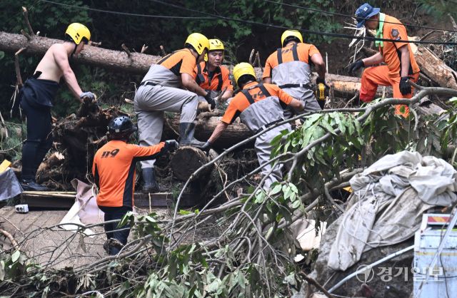 21일 오후 가평군 조종면 마일리의 한 캠핑장에서 구조대원들이 토사와 쓰러진 나무를 하나하나 치우며 산사태로 실종된 어머니와 중학생 아들을 찾고 있다. 전날 새벽 쏟아진 폭우로 토사가 글램핑장을 덮치면서 일가족 4명이 매몰됐고, 이 가운데 10대 아들은 부상을 입고 구조됐으나 40대 아버지는 조종천 하류에서 숨진 채 발견됐다. 중장비 진입이 어려운 현장에서 구조대는 이틀째 수색을 이어가고 있다.조주현기자