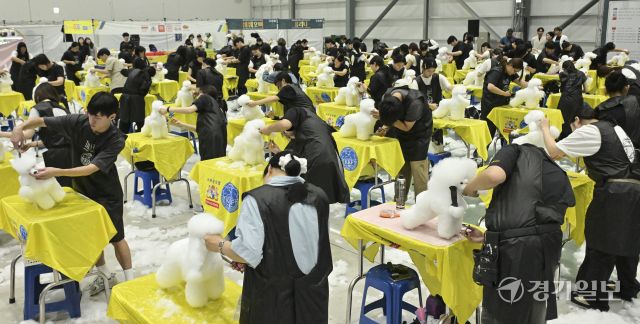 24일 오전 수원메쎄에서 열린 '2025 코리아 그랑프리 도그쇼' 수원 KKF 위그 미용 콘테스트에서 참가자들이 위그(애견 마네킹)로 미용 실력을 뽐내고 있다. 이번 행사는 애견 미용, 핸들링, 도그쇼 등 다양한 콘테스트를 오는 27일까지 즐길 수 있다. 홍기웅기자