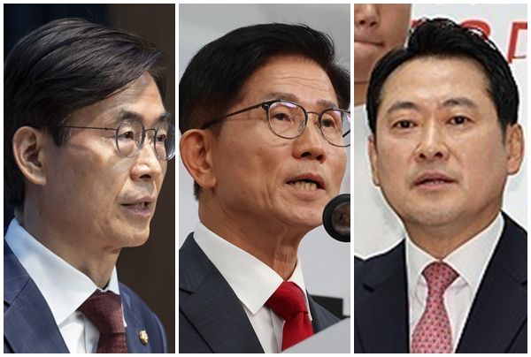27일 현재 국민의힘 전당대회 출마 의사를 밝힌 사람은 김문수 전 고용노동부 장관, 조경태·안철수·장동혁·주진우 의원과 장성민·양향자 전 의원 등이다. 사진은 왼쪽부터 조경태, 김문수, 장동혁 후보. 연합뉴스