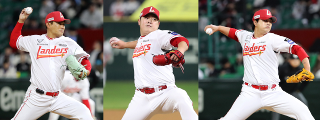 SSG 랜더스의 중위권 경쟁을 이끄는 ‘철벽 불펜진’ 노경은, 이로운, 김민(왼쪽부터). SSG 랜더스 제공