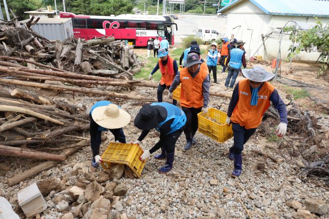 (사)안산시자원봉사센터 회원들이 수해 피해지역을 잇따라 방문, 복구 작업을 위해 구슬땀을 흘렸다(사진은 가평군 상면 율리리 봉사활동 모습). 자원봉사센터 제공