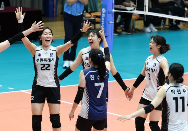 4일 단양체육관에서 열린 ‘2025 한국실업배구연맹 &amp; 프로배구 퓨처스 챔프전’ 여자부 B조 3차전서 프로팀 정관장을 3-1로 꺾은 실업 최강 수원특례시청 선수들이 기뻐하고 있다.발리볼코리아닷컴 제공