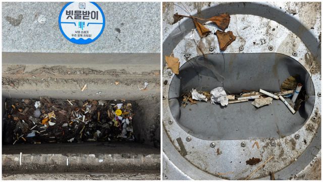 6일 인천 남동구의 한 도로가 빗물받이가 담배꽁초와 낙엽, 쓰레기 등으로 막혀있다. 장민재 기자