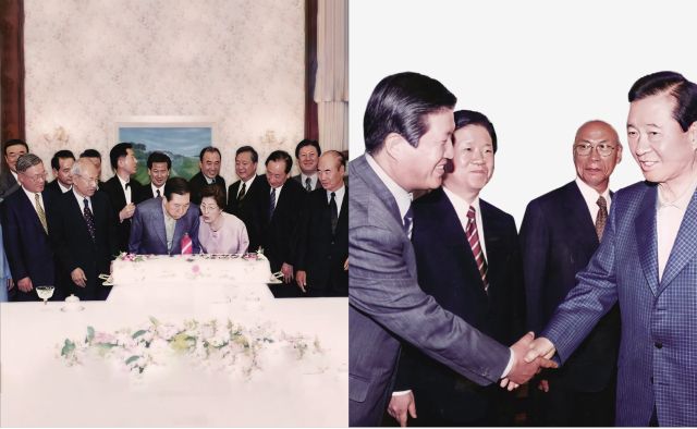 도서 ‘DMZ 평화와인’의 저자 김덕배씨가 지난 2000년 김대중 전 대통령의 노벨평화상 수상자 선정을 기념해 김중권 전 비서실장 등과 함께 청와대로 초청받았던 모습과 김 전 대통령과 악수를 나누는 장면. 본인 제공