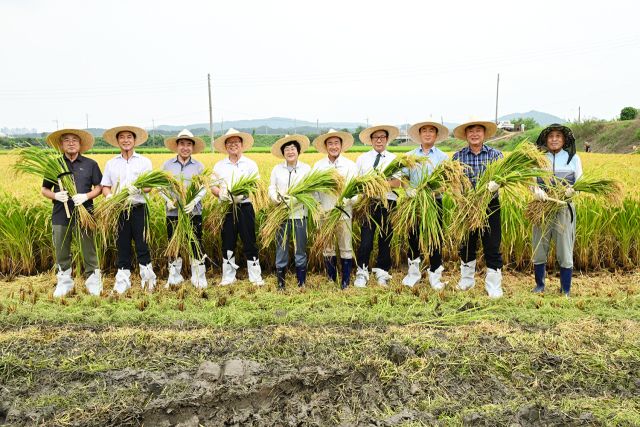 한경국립대 이원희 총장과 김경희 이천시장, 박명서 이천시의회 의장, 농업 관련 관계자 등이 이천시 장록동에서 극조 생종벼 수확행사를 열고 있다. 한경국립대 제공