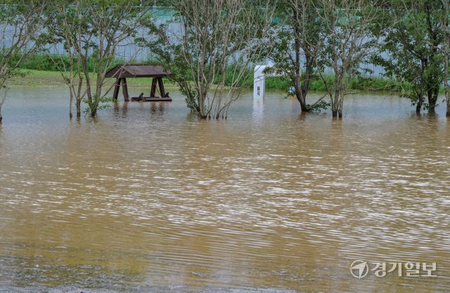 14일 오후 파주시 한 공원이 침수돼 물바다가 돼 있다. 지난 13일부터 이날까지 이틀 사이 파주에는 317mm가 넘는 비가 내리고, 동두천, 연천에도 270mm가 넘는 폭우가 내려 곳곳에서 침수 등 피해가 발생했다. 윤원규기자