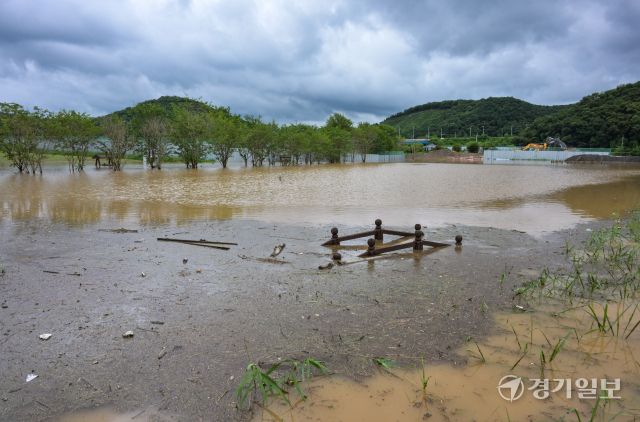 14일 오후 파주시 한 공원이 침수돼 물바다가 돼 있다. 지난 13일부터 이날까지 이틀 사이 파주에는 317mm가 넘는 비가 내리고, 동두천, 연천에도 270mm가 넘는 폭우가 내려 곳곳에서 침수 등 피해가 발생했다. 윤원규기자