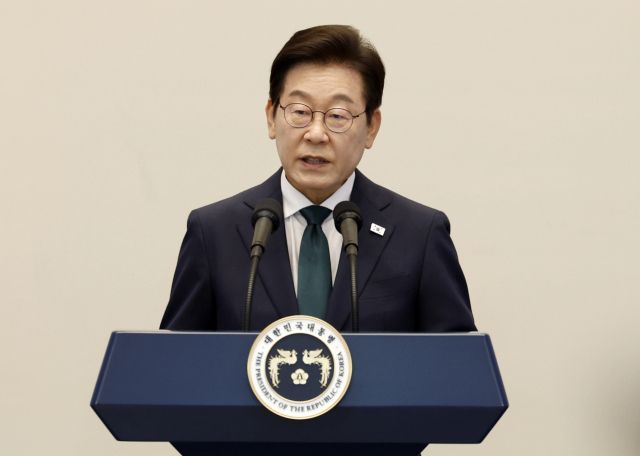 지난 14일 이재명 대통령이 청와대 영빈관에서 열린 ‘광복 80주년, 대통령의 초대’ 행사에서 인사말을 하고 있다.