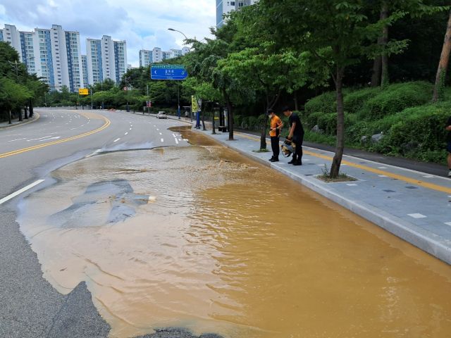 17일 오후 인천 부평구 한 도로가 수도관 파열로 물에 잠긴 모습. 인천소방본부 제공