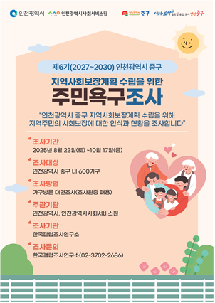 인천시사회서비스원이 인천시민 6천명을 대상으로 오는 23일부터 10월20일까지 10개 군·구 지역사회보장조사에 나선다. 인천시사회서비스원 제공