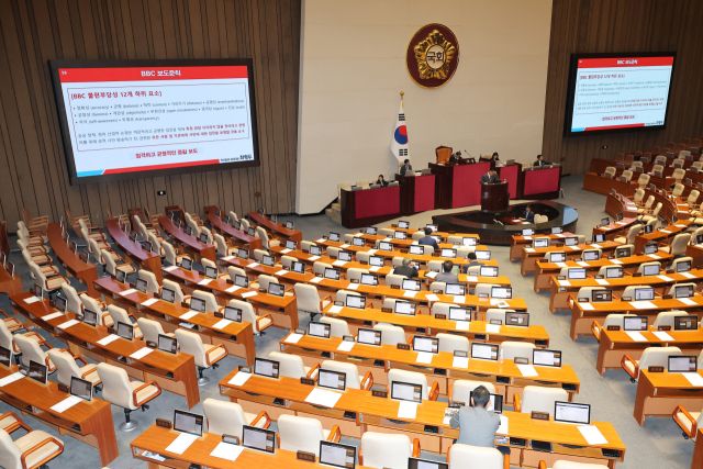 21일 서울 여의도 국회 본회의에서 국민의힘 최형두 의원이 EBS법 개정안에 대한 무제한 토론을 이어가고 있다. 연합뉴스